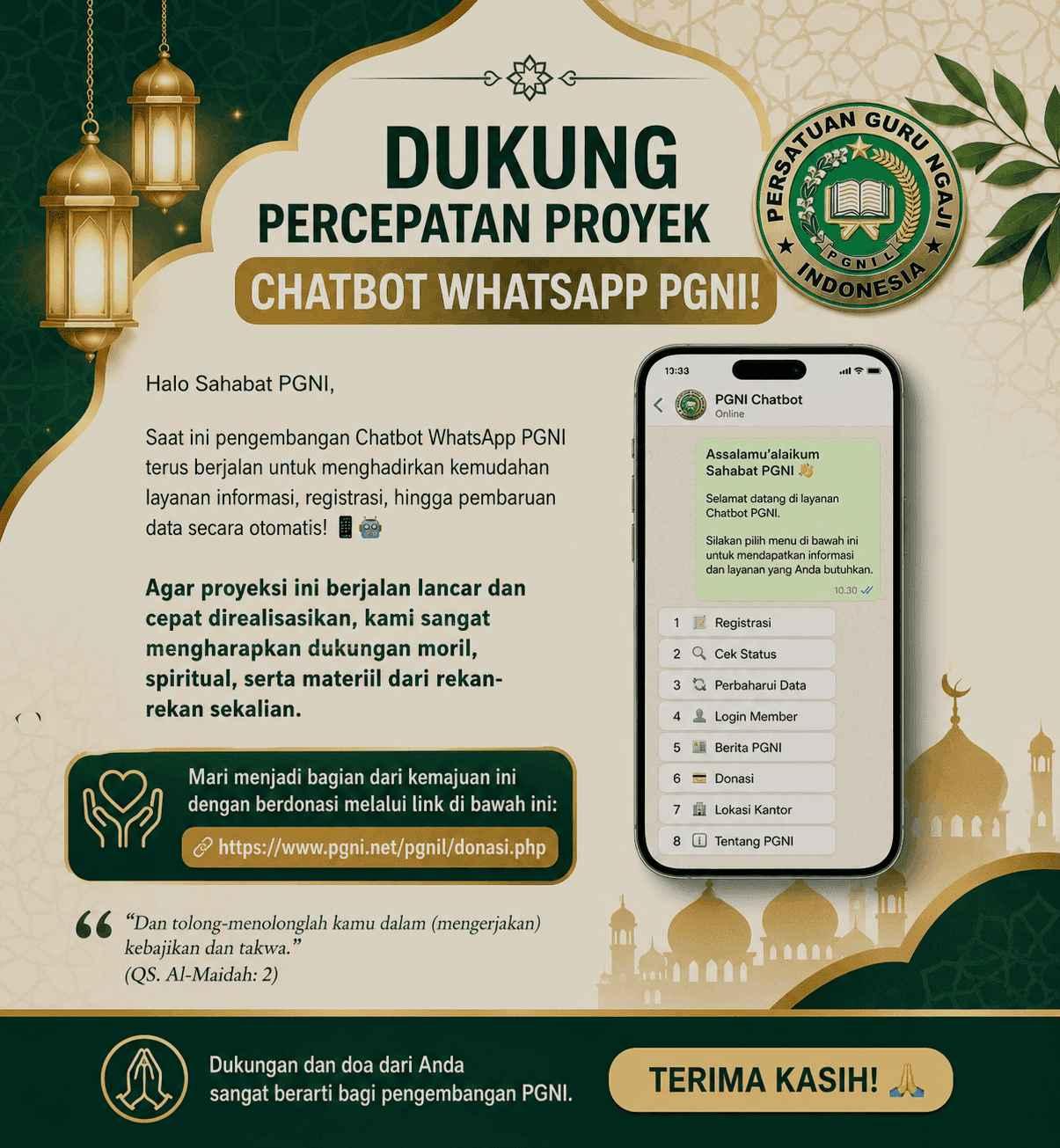 🚀 Dukung Percepatan Proyeksi Chatbot WhatsApp PGNI!